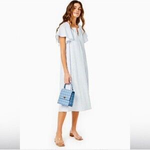 Addison Bay Womens Small Grace Dress Blue & White Midi Light & Flowy Pockets